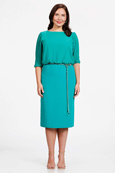 Gemko Kolları Piliseli Kemerli Elbise - Yeşil