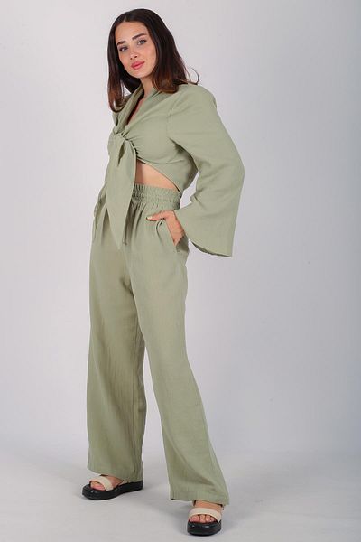 FACETTE Women's Water Green Front Tie Blouse Trousers Set