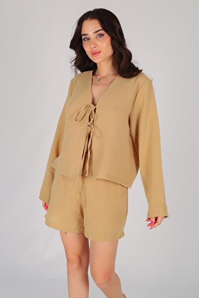 FACETTE Oil Green Women's Blouse and Shorts Set - Tie-Up