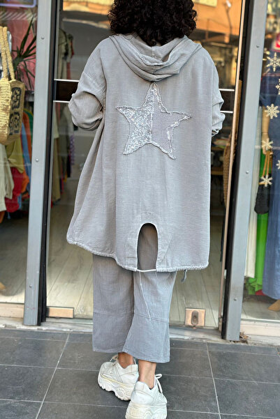 AYASOFYA OTANTIK Women's Gray Sequined Star Print Cardigan - Button Detailed,...