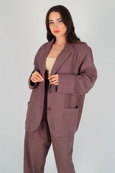 FACETTE Кафяво дамско яке Oversize от лен - Закопчано