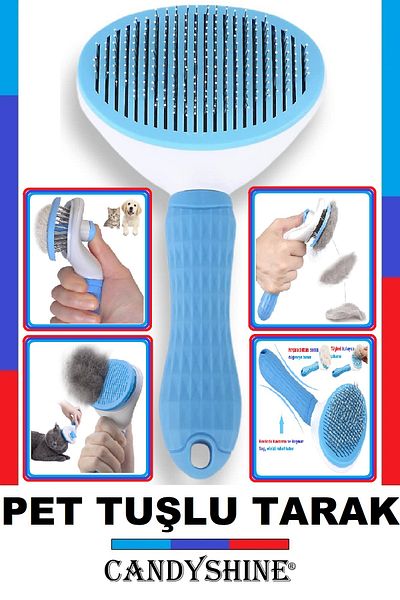 CandyShine Blue Button Pet Comb - Cat Dog Hair Collection Comb