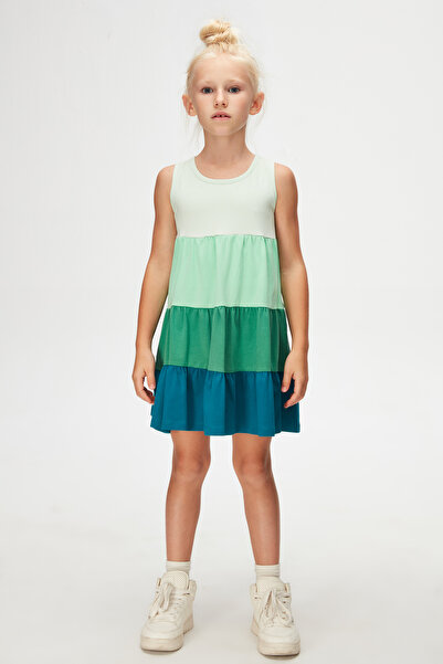 LOVETTI Πράσινο-Σκούρο βενζινοχρωματικό φόρεμα για κορίτσια με κορδόνια