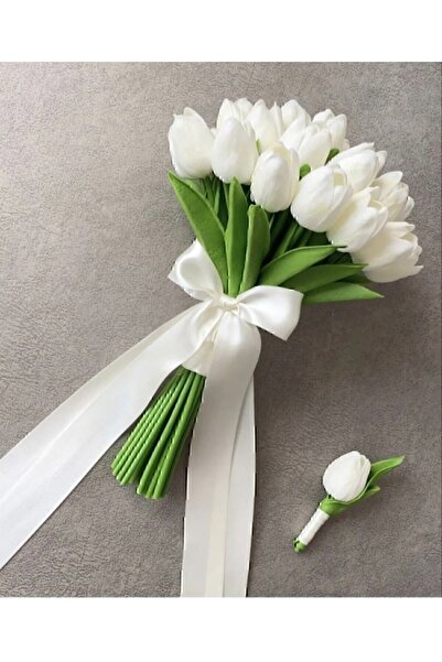 Merveparti 15 Islak Lale Gelin Buketi  ve damat yaka çiceği