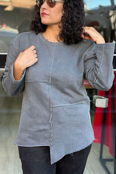 AYASOFYA OTANTIK Women's Anthracite Piece Asymmetrical Long Sleeve Blouse Sweatshirt