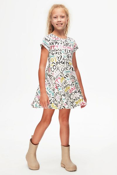LOVETTI Ecru Girl's Glasgow Pattern Short Sleeve Flared Skirt Dress