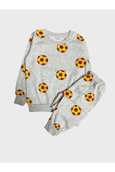Fil Kids Boy's Gray Cotton Raised Yellow Red Football Ball Patterned Long Sleeve Pajamas Set