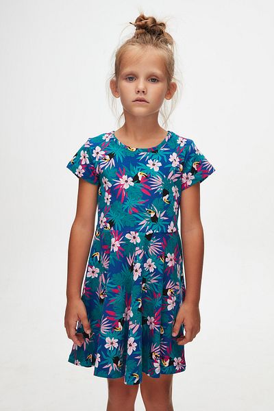 LOVETTI Girl's Tropical Parrot Print Short Sleeve Dress