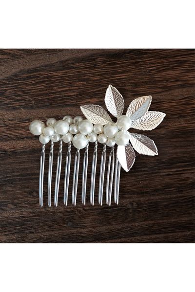 Eva Flore Pearl and Silver Leaf Bridal Engagement Maternity Hair Comb Hairpin