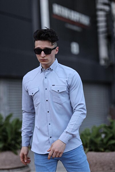 WKM Чоловіча сорочка з двома кишенями та застібками, світло-сіра