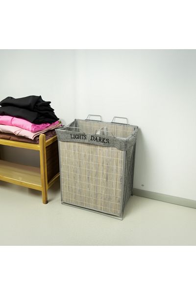 HONEYBEE Dual Section Open Top Bamboo Laundry Hamper with Handle