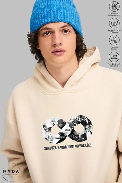 Nyda Collections Φούτερ με στάμπα Ataturk Unisex Oversize - Μακρυμάνικο, Κουκούλα, Βαμβακερό