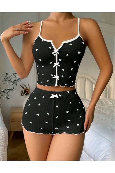 PAVİLYA Set de pijamale cu model de inimă neagră Set de pijamale sexy pentru noapte