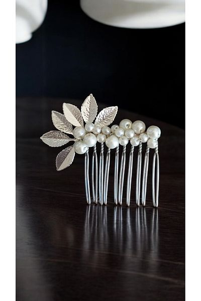 Eva Flore Pearl and Silver Leaf Bridal Engagement Maternity Hair Comb Hairpin