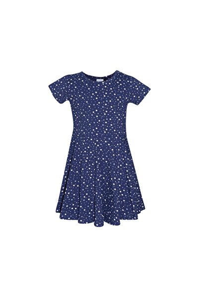 LOVETTI Light NAvy Blue PAtterned Short Sleeve Dress for Girls - Little Stars