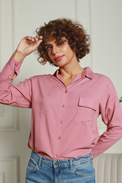 Butik Gül Kurusu Cepli Viskon Gömlek 1500058