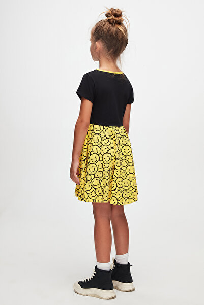 LOVETTI Black Smiley Face Girl Patterned Lovetti Smile Printed Short Sleeve Dress