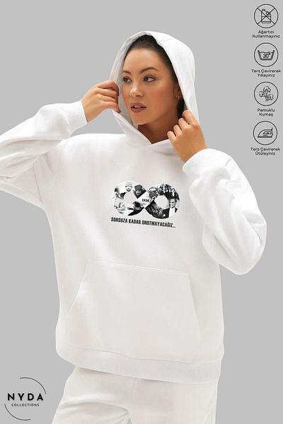 Nyda Collections Hanorac oversize unisex cu imprimeu Ataturk - mânecă lungă, glugă, bumbac
