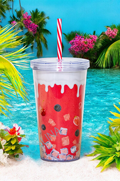 Roslina Pipetli Kapaklı Soğuk İçecek Meşrubat Bardağı Çocuk İçecek Bardağı 600 ML