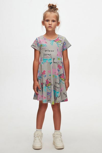 LOVETTI Moon Grey Chirping Animals Girl's Print Short Sleeve Dress