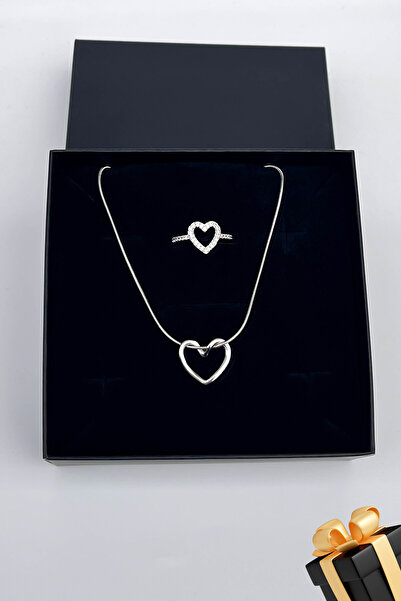 TREND COLLECTİON Kadın Paslanmaz Çelik Gümüş İtalyan Kalp Kolye Ve Taşlı Kalp Yüzük Set (Hediye)