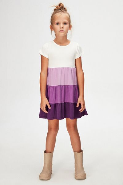 LOVETTI Ecru-purple Girl's Layered Colored Short Sleeve Dress