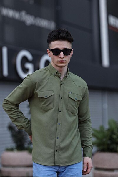 WKM Ανδρικό πουκάμισο με διπλή τσέπη με κουμπωτό χακί