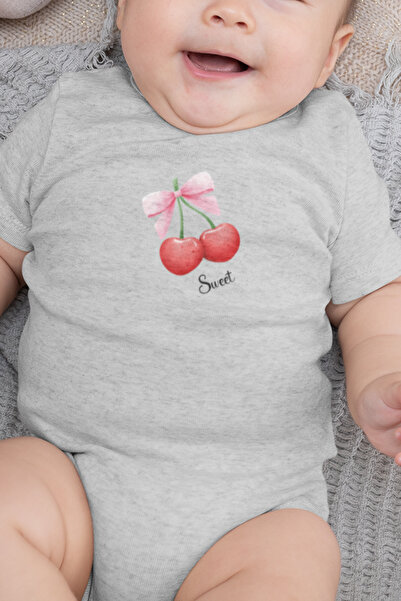 Overoz Organik %100 Pamuk Çilek Baskılı Bebek Body Kısa Kollu Badi Zıbın