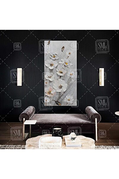 SML TABLO Garden Flowers Soyut Papatya Çiçeği Gri Beyaz Çiçek Bahçesi Dekorat...