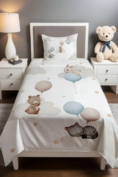 EVPANYA Creamy Blue Balloons Animals Patterned Pique Set