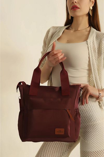 ARTON Claret Red Multi-Compartment Satin Pocket Waterproof Fabric Column Strap Shoulder Bag