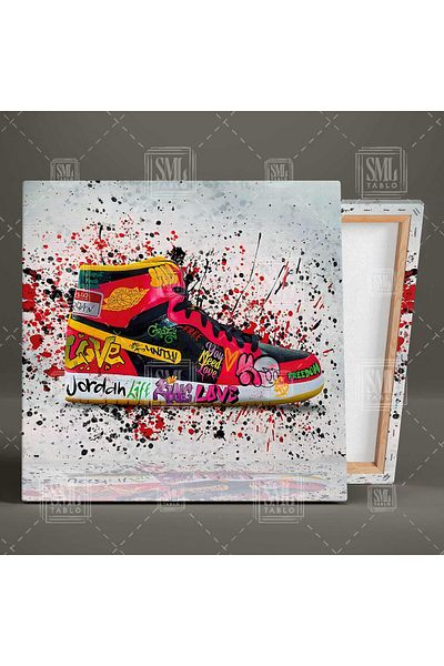 SML TABLO Κόκκινο Sneaker Παπούτσια Βαφή Splashes Γκράφιτι Νεανικό Δωμάτιο Τετράγωνος Πίνακας Καμβά