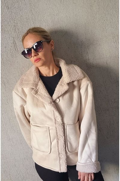 Garamak Women's Beige Plush Large Pocket Detailed Coat