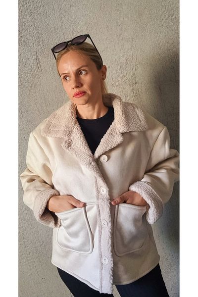 Garamak Women's Beige Plush Large Pocket Detailed Coat
