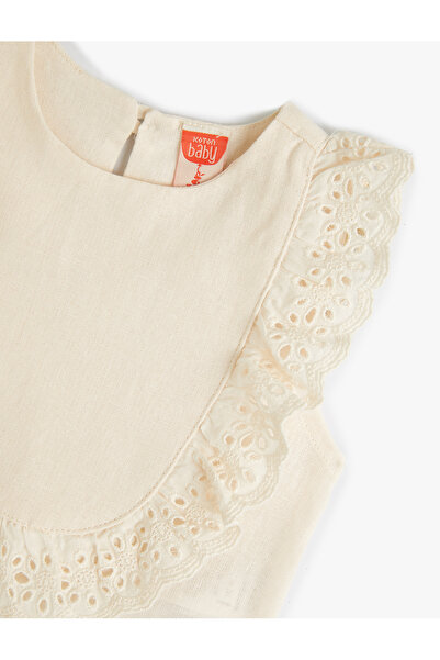 Koton Λεπτομερής λινή μπλούζα με στρογγυλή λαιμόκοψη και βολάν - Αμάνικη