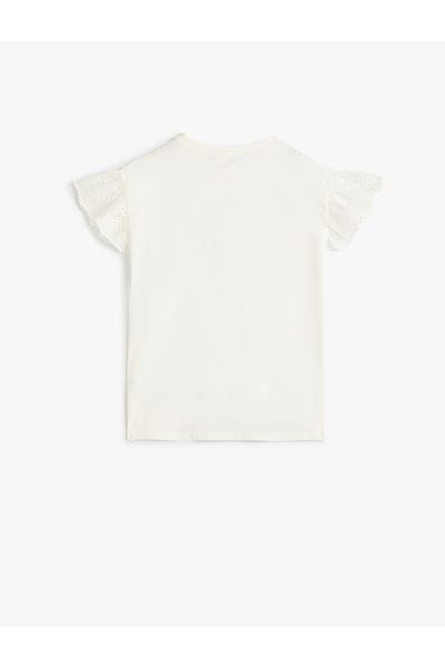 Koton Cotton Crew Neck Floral Embroidered Scallop Detailed T-Shirt