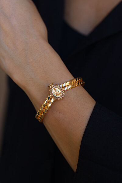 Yenigün Kuyumculuk 14 Ayar Altın Çift Sıra Pullu Tuğralı Kelepçe