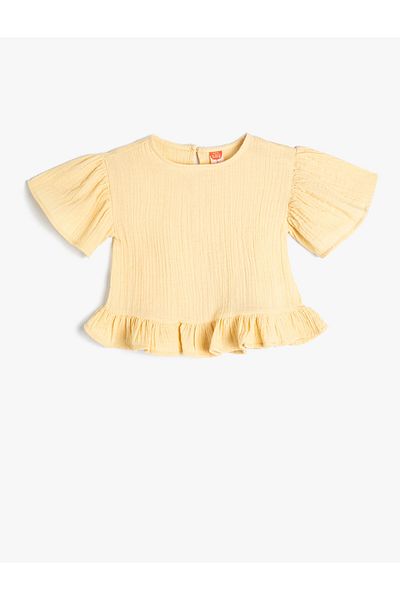 Koton Blouse Short Sleeve Crew Neck Textured Ruffle Detailed Cotton