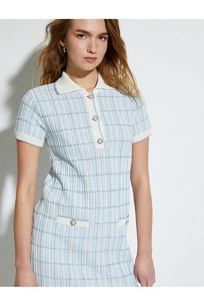Koton Polo Neck Tweed Mini Dress - Pearl Button, Short Sleeve
