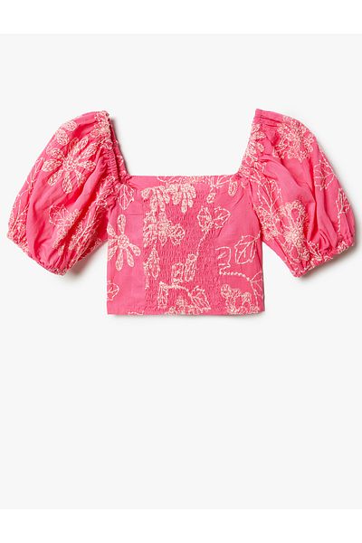Koton Cotton Square Neck Crop Μπλούζα - Κεντημένο σχέδιο