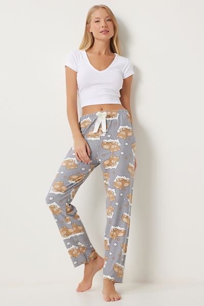 Lovelyİstanbul Grey Patterned Soft Knitted Pajama Bottoms - Lec0003
