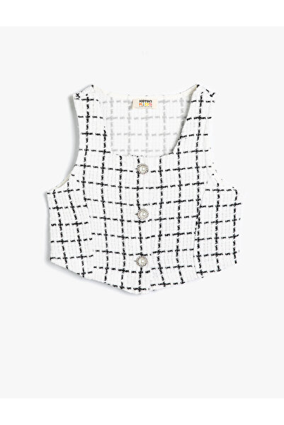 Koton Изрязана блуза от туид без ръкави с перлени копчета