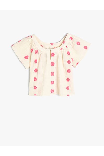 Koton Baumwollbluse mit Rundhalsausschnitt und Blumenmuster, kurze Ärmel