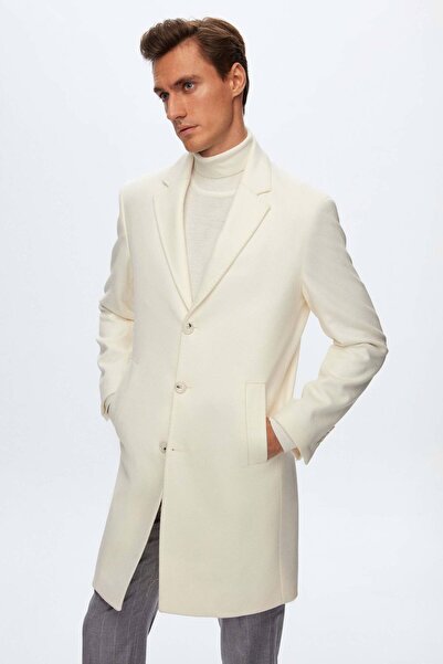 Damat Slim Fit Ekru Kaşmir-Yün Karışımlı Palto
