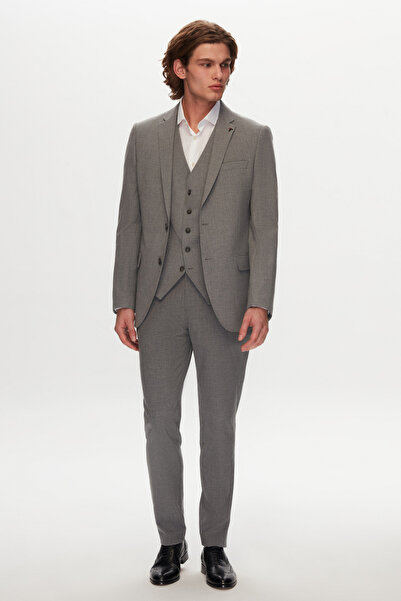 Tween Slim Fit Gri Yün Karışımlı Takim Elbise Yelekli