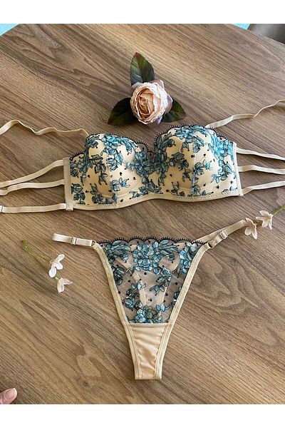 RUYAZ TEKSTİL Set de sutien și lenjerie intimă pentru femei cu șapcă moale din dantelă cu imprimeu floral