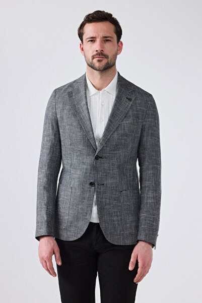 Damat Regular Fit Siyah Ekose Yün Keten Karışımlı Kumaş Ceket