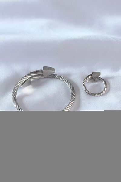 Skygo Men's Twist Model Bracelet and Ring Set - Steel Silver Color