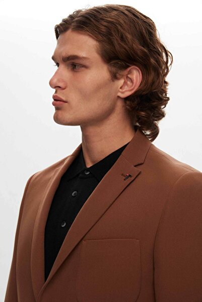 Tween Slim Fit Kahverengi Düz Viskon Karışımlı Bi Stretch Takim Elbise