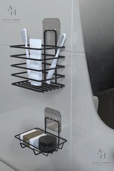 ATACI Stainless Adhesive Black Metal Bathroom Shelf Organizer Set of 4 Shower Shelf with Hooks Soap Dish Rack
